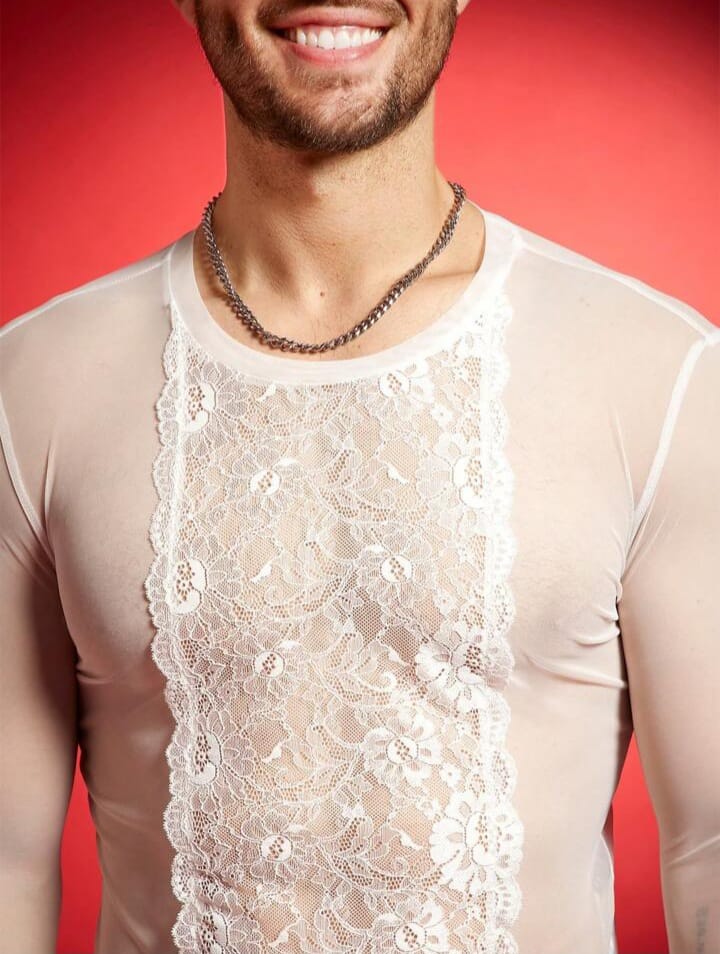 Men's Lace Patchwork Sheer Cut-Short T-Shirt